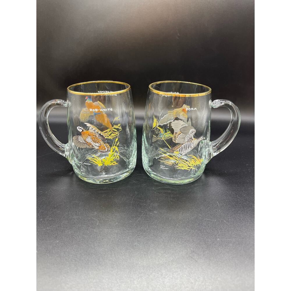 Vintage Ned Smith Set of 2 Gold Rim Glass Mugs Game Birds Sora Bob White
